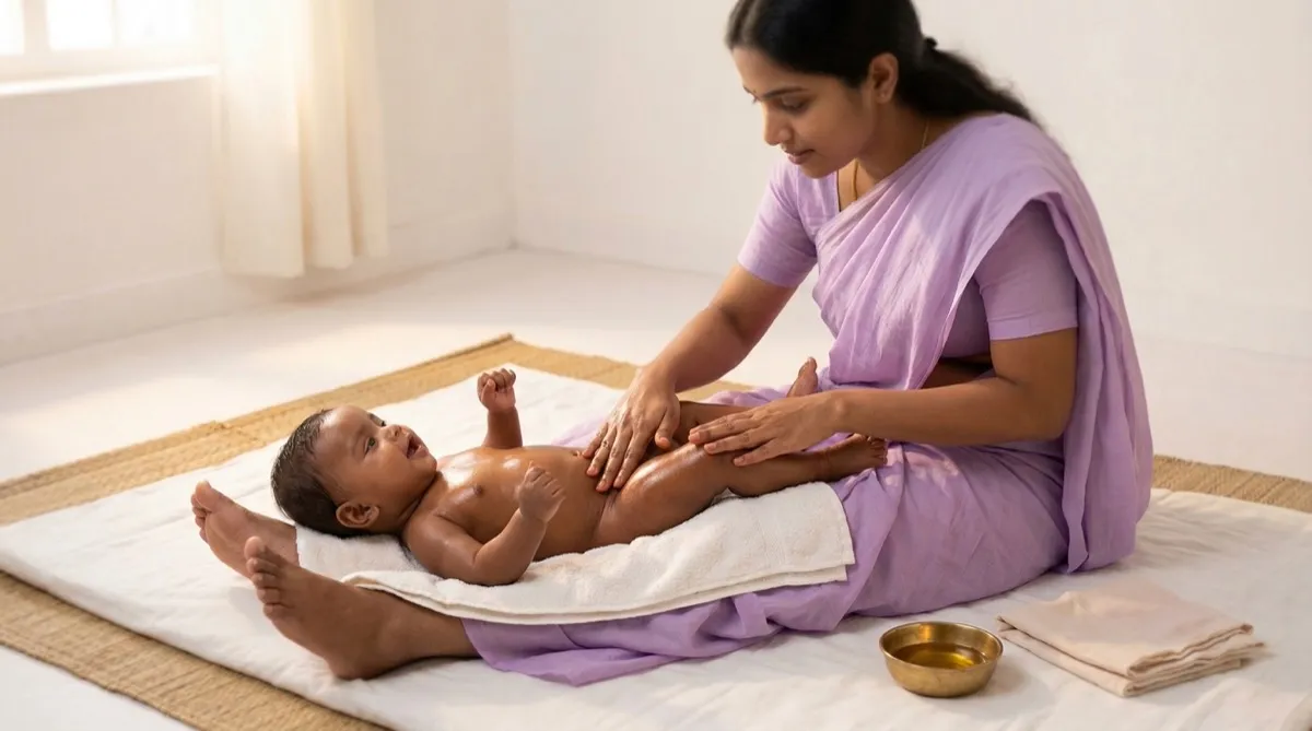 Mother giving Abhyanga oil massage to baby