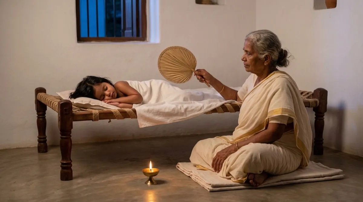 Child sleeping peacefully with grandmother nearby