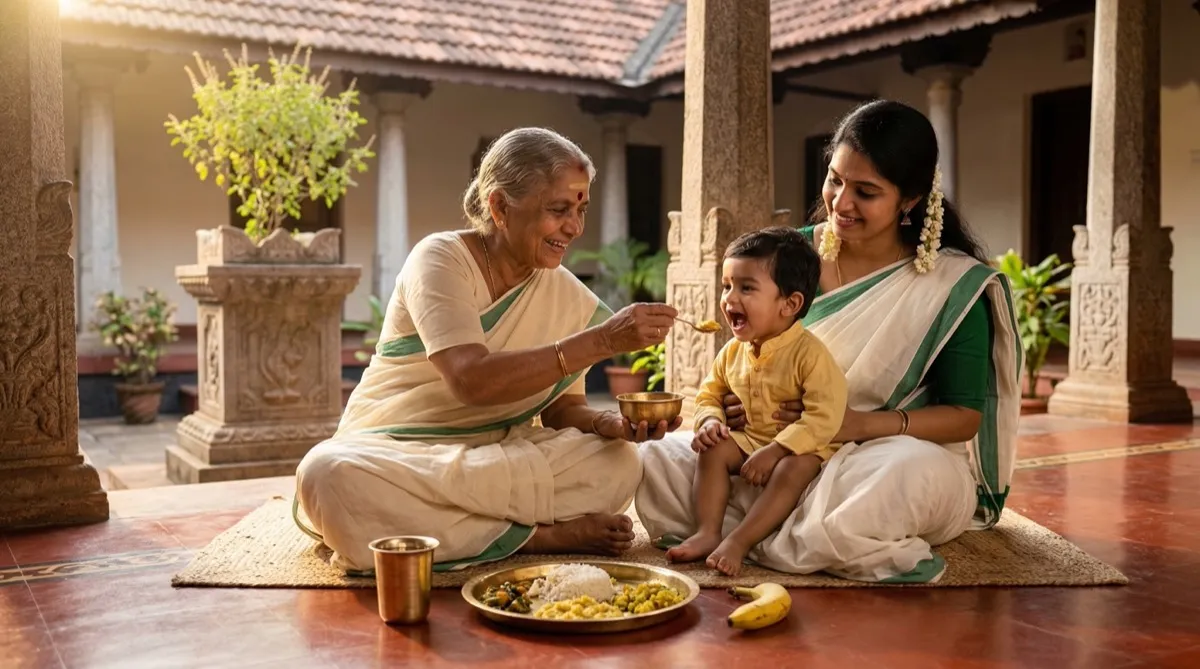 Grandmother feeding grandchild on traditional verandah