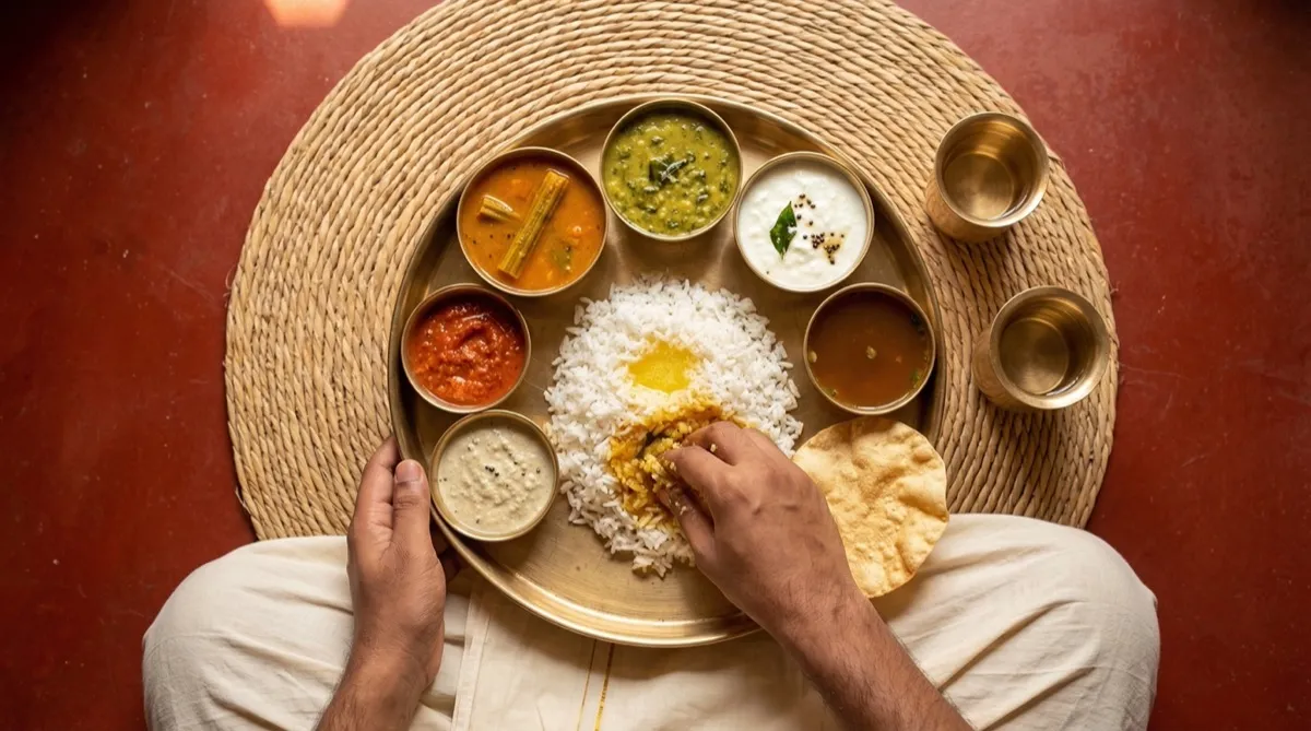 Overhead view of person eating traditional Indian thali
