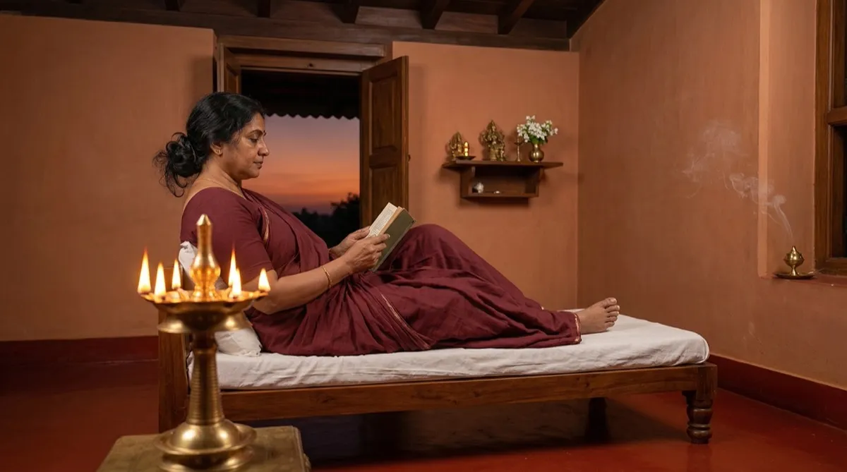 Peaceful evening at home — oil lamp and relaxation at dusk