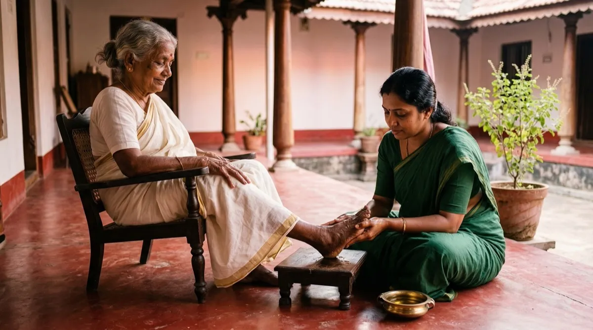 Elderly grandmother receiving foot oil massage at dawn