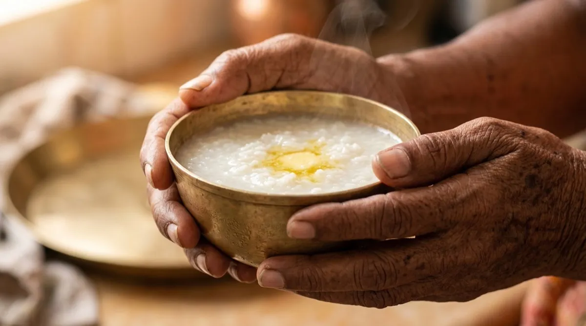 Close-up of elderly hands cupping warm rice gruel bowl
