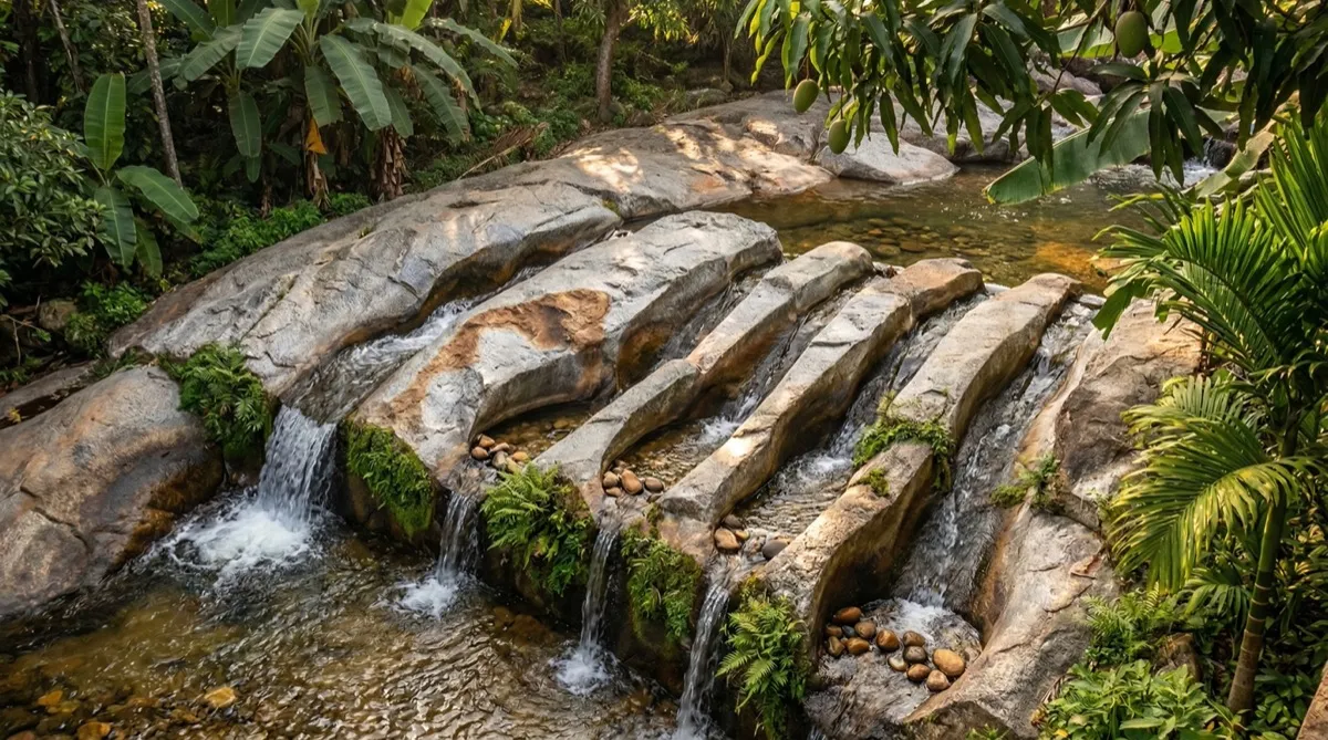 Seven dhatu water channels flowing through stone