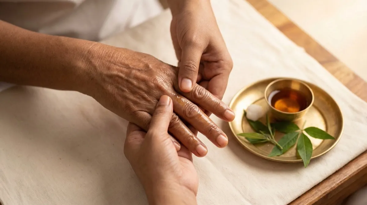 Elderly hands receiving warm oil massage
