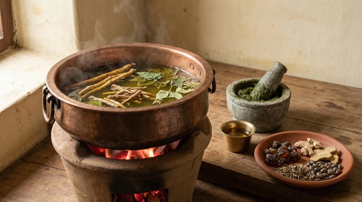 Oil preparation in copper vessel with herbs