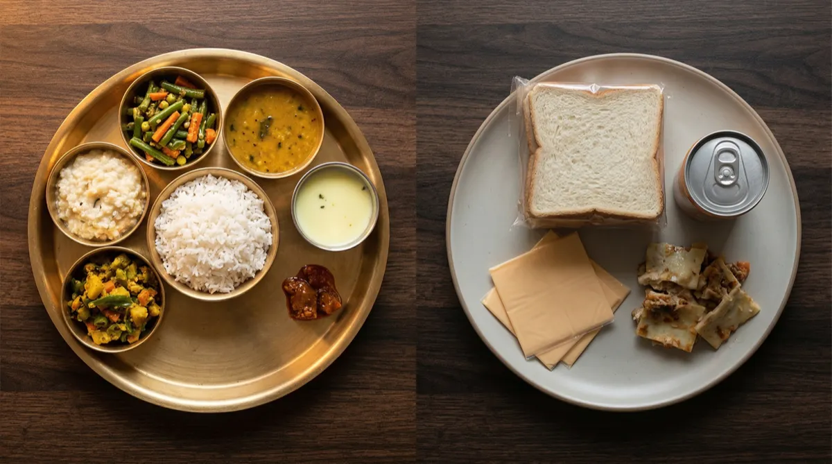 Family sharing a balanced thali dinner