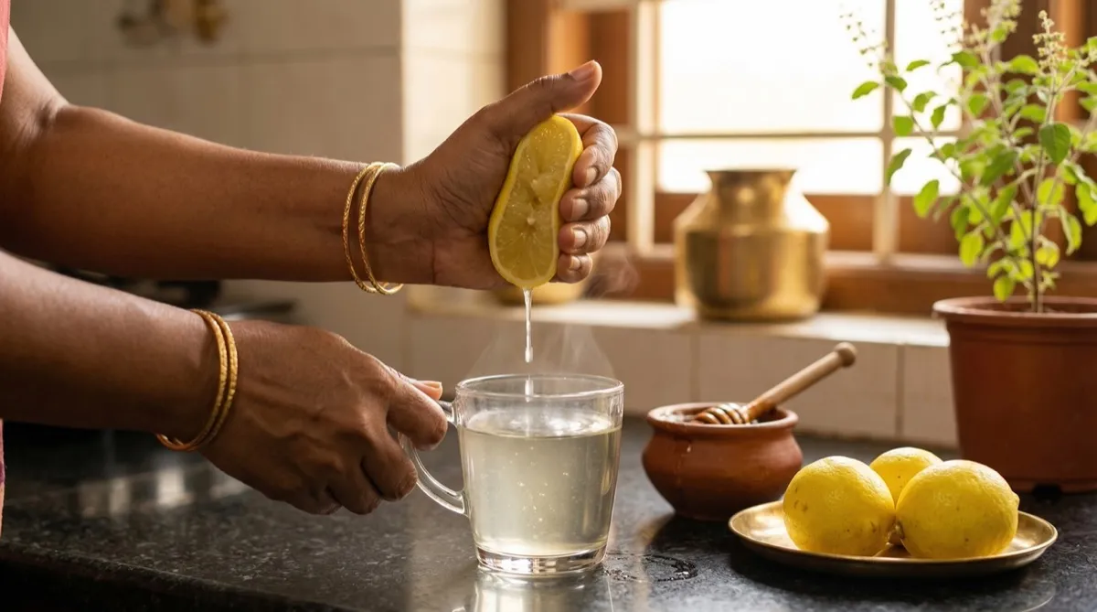Morning warm lemon water preparation with honey