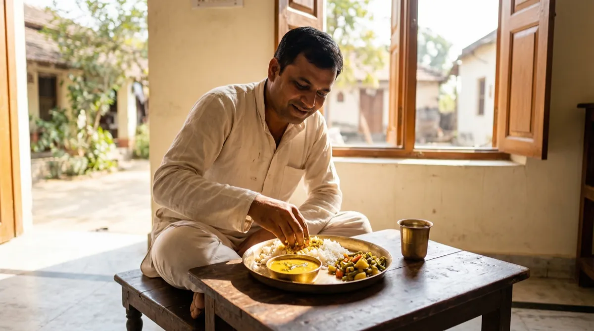 Person eating simple midday meal in natural sunlight