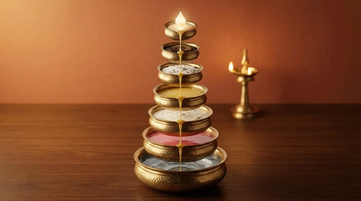 Seven stacked brass vessels with ghee representing dhatus