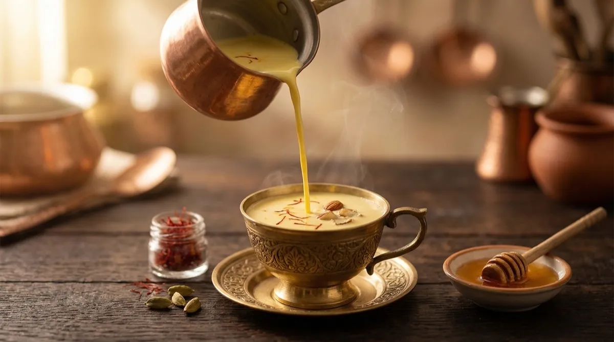 Saffron milk being poured into a brass cup