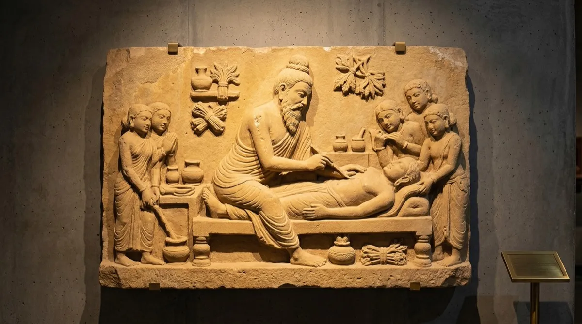 Ancient stone relief of Sushruta performing surgery