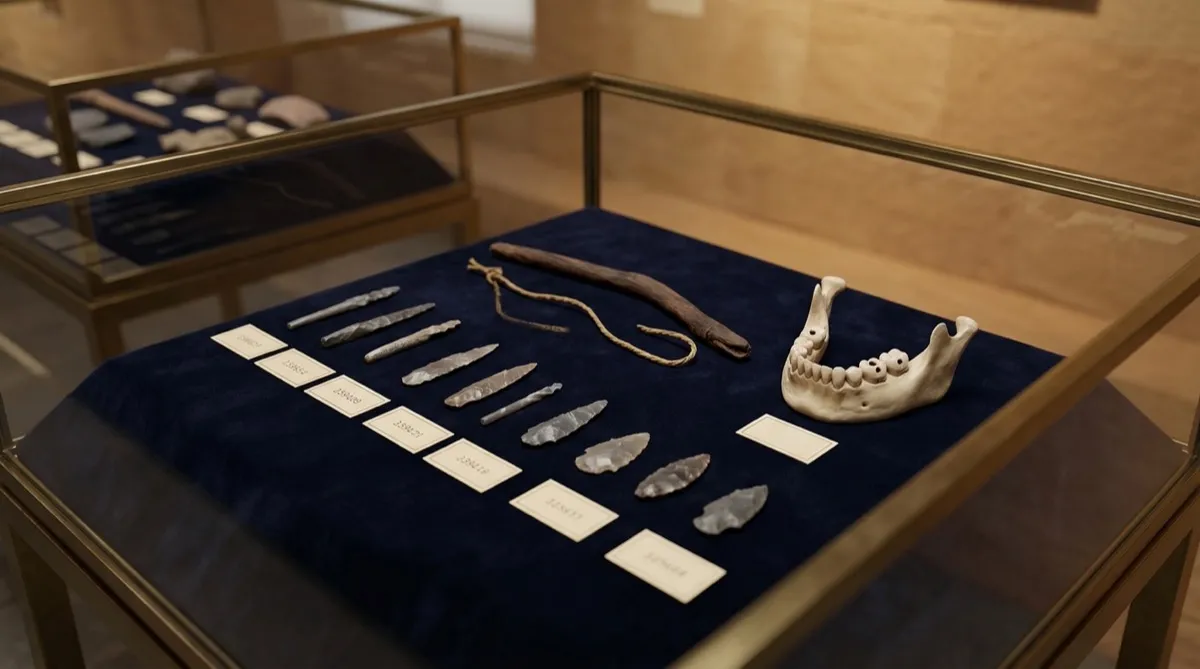Archaeological display of ancient Mehrgarh dental surgery tools