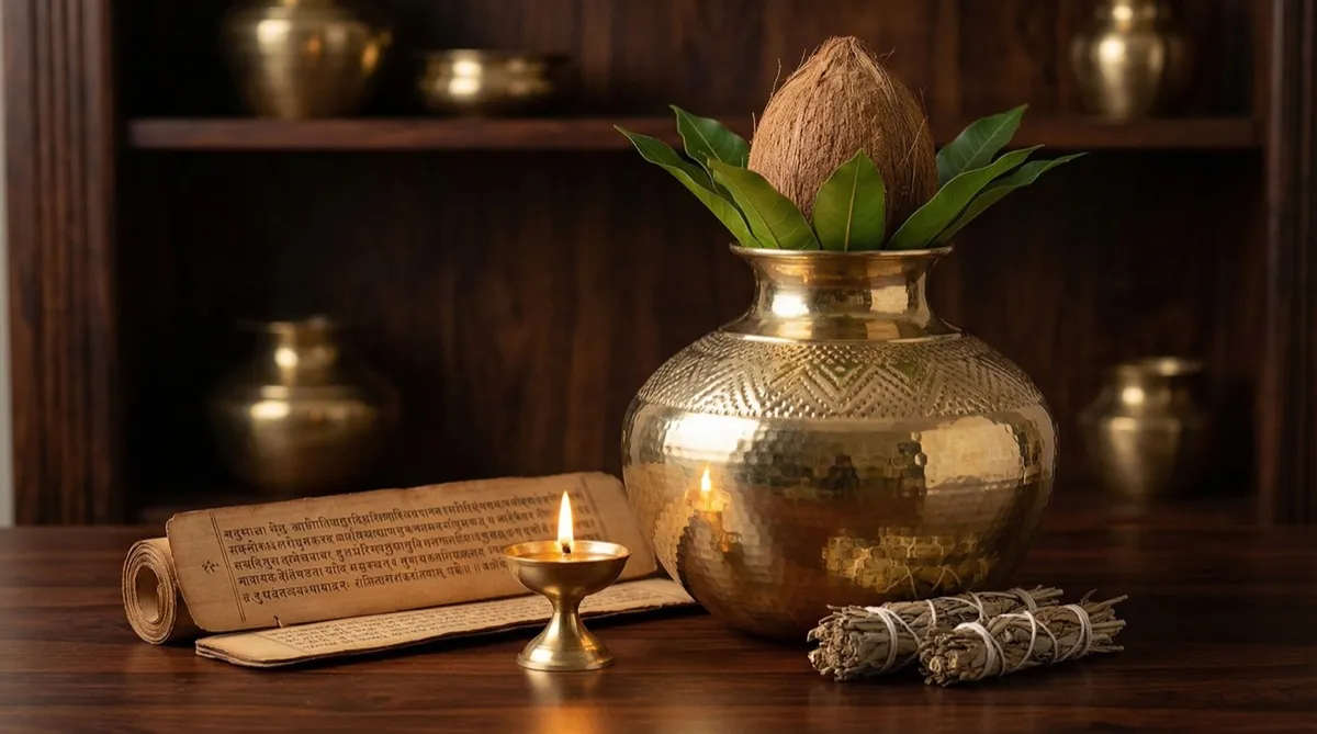 Brass kalash with ancient manuscript