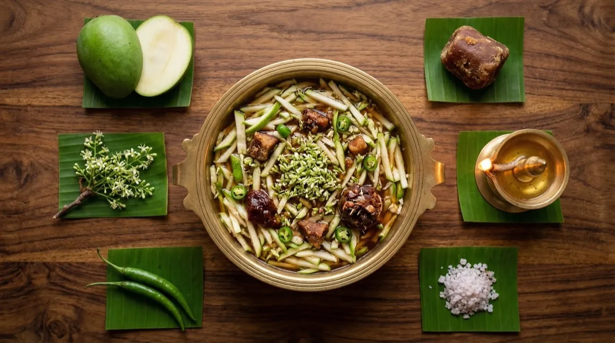 Ugadi Pachadi in brass bowl with six taste ingredients