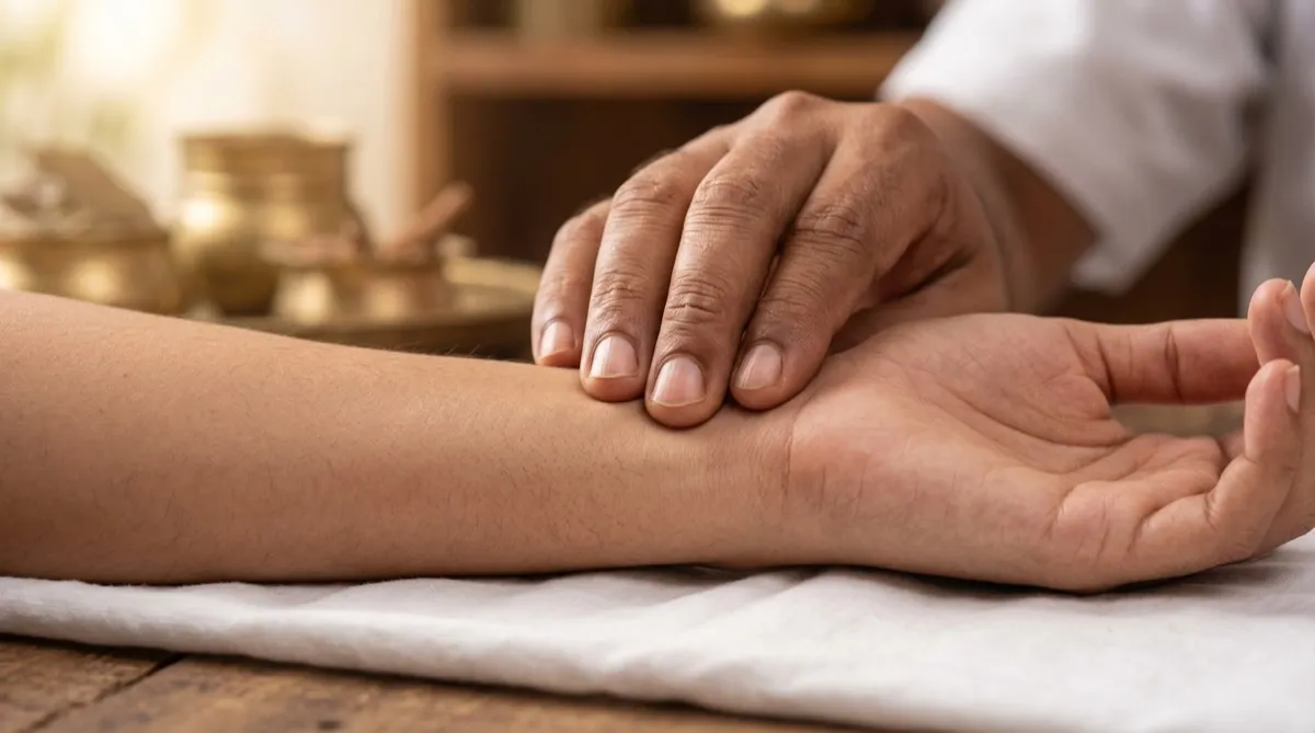 Close-up Nadi Pariksha pulse diagnosis