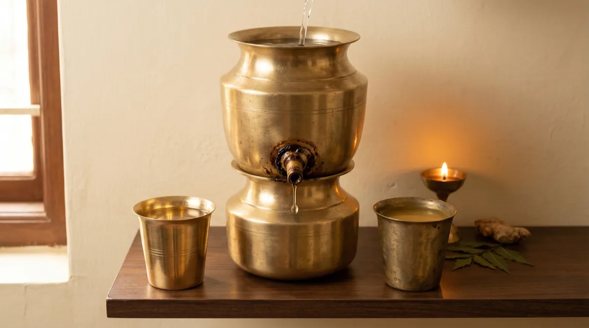 Blocked channels — traditional brass water filter showing Ama obstruction