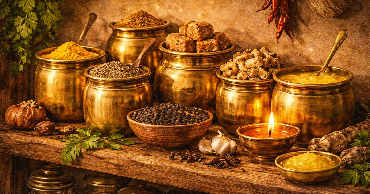 Traditional Ayurvedic kitchen ingredients and spices