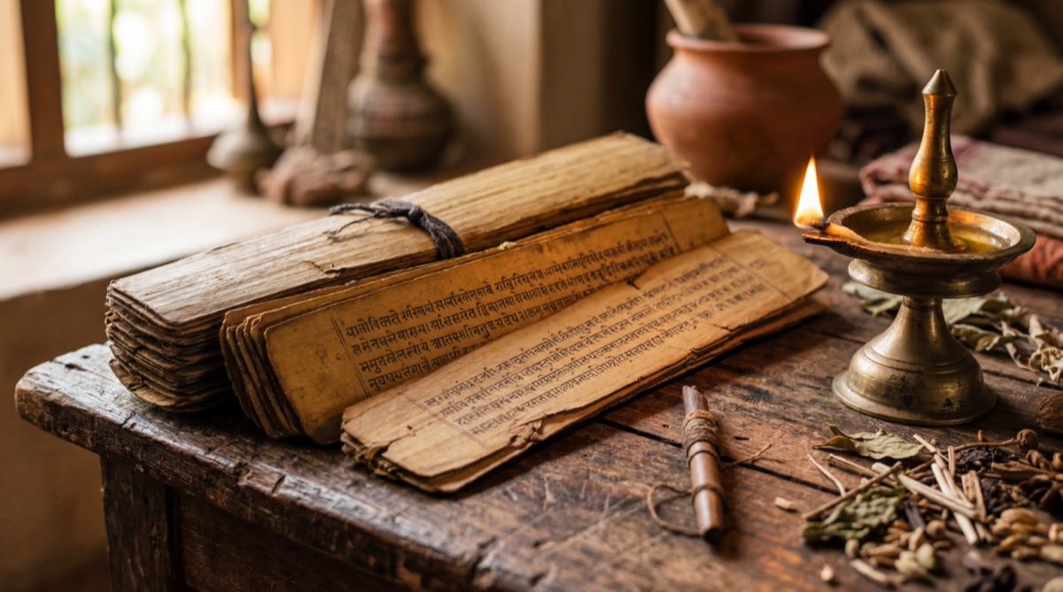 Ancient palm-leaf manuscripts with Sanskrit text, a brass oil lamp, and dried herbs on a weathered wooden surface