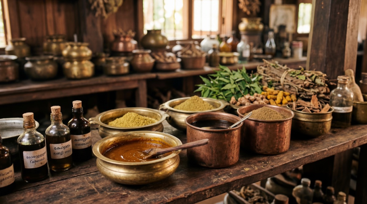 Traditional Ayurvedic pharmacy with brass and copper vessels containing kashayam, lehyam, and churnam preparations alongside fresh herbs and herbal oils